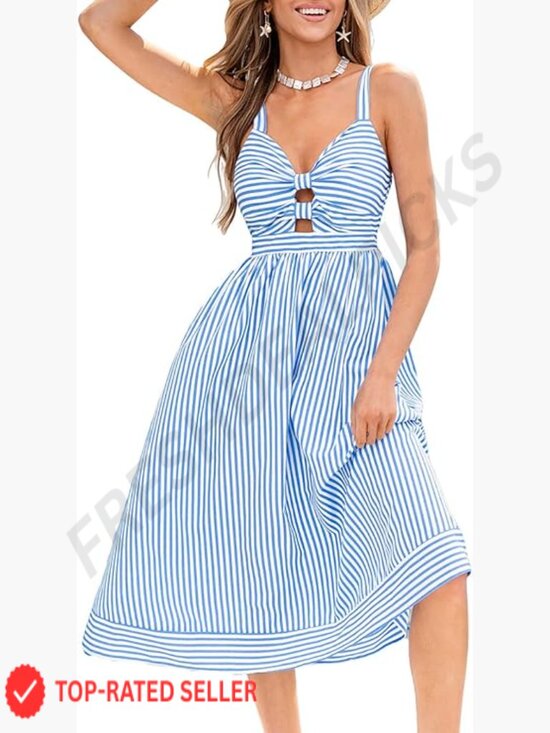 Dresses & Skirts - Striped Smocked Back Midi Sundress Cutout Spaghetti Strap Knot Front Flowy